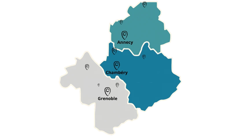 Carte départements Isère, Savoie et Haute-savoie