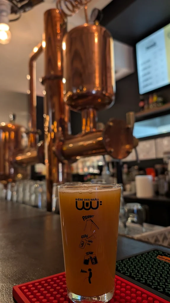 Intérieur du Bar des Bräu à Grenoble avec comptoir en bois et sélection de bières artisanales