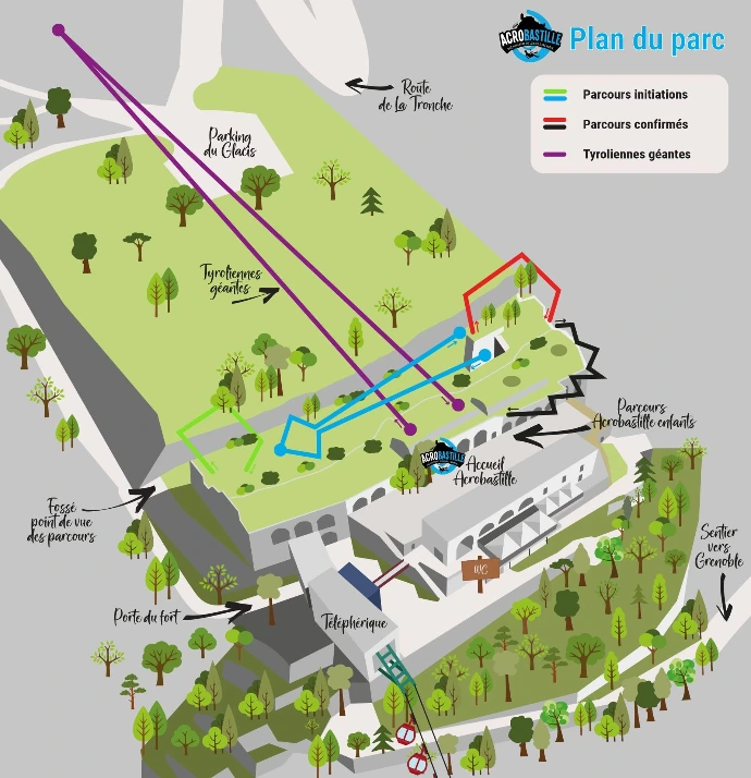 Plan parcours accrobranche Bastille : Parcours aventure Acrobastille à Grenoble Bastille